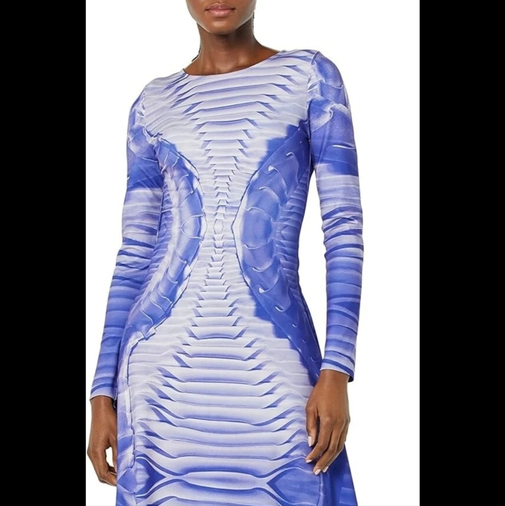 Elegant Blue Patterned Long Sleeve Dress